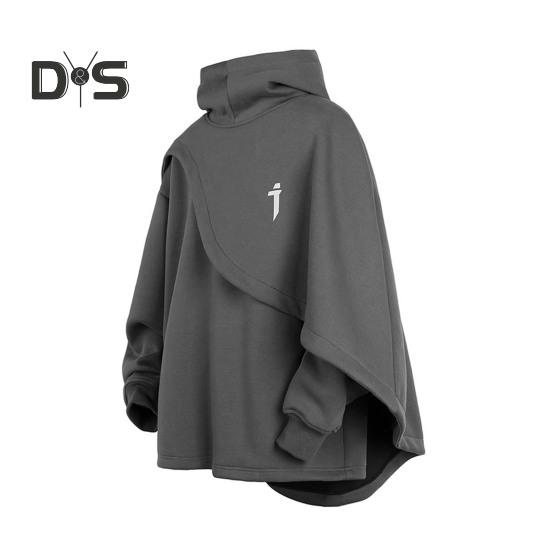 

Унисекс толстовка с капюшоном, имитация двухкомпонентного пончо, многослойный нерегулярный дизайн, толстый высокий воротник, меховой стиль, толстовка с длинными рукавами, повседневная спортивная уличная одежда M серый