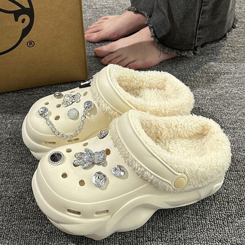 New velvet hole shoes women's winter non-slip outer wear cotton shoes heightened thick-soled home removable cotton slippers