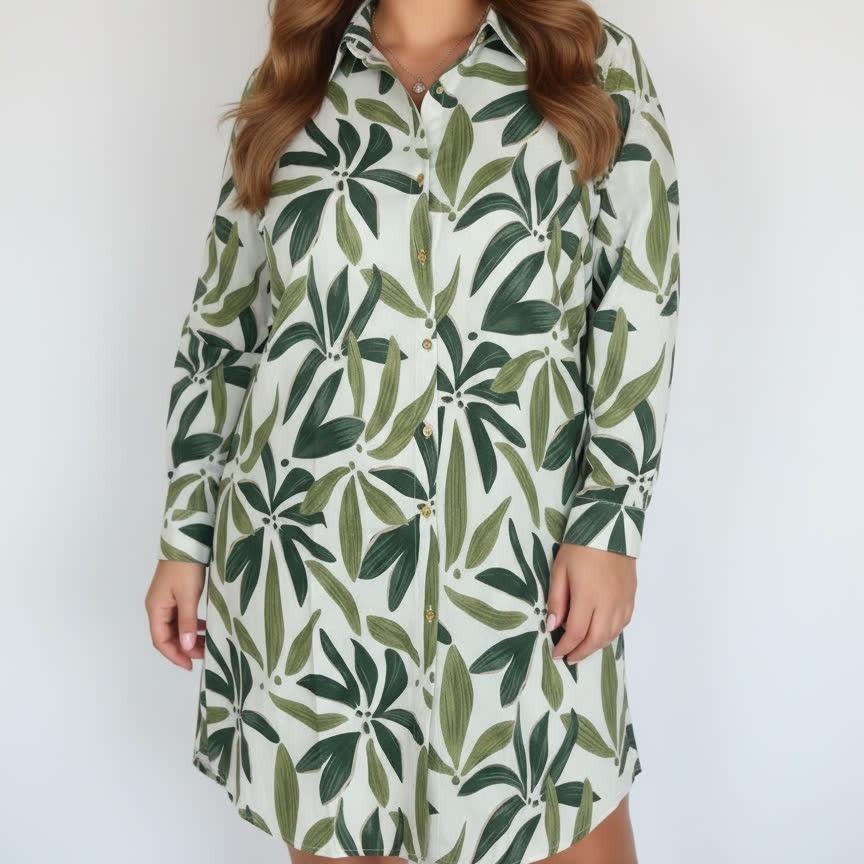 2026 Retro Floral Print Long-Sleeve Shirt Dress: Women s Casual Lapel Nostalgic Style L зелёный