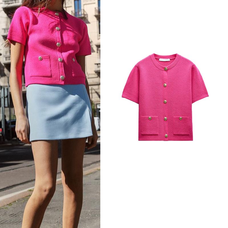 Spring New French style Graceful round Neck Stickers Pocket Decoration Breasted Design Short sleeve Knitted Outerwear 6427031