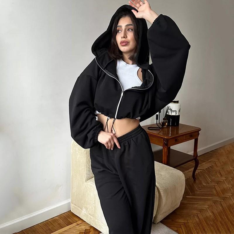 Womens Casual 2-Piece Set: Solid Color Long Sleeve Zip-Up Hooded Sweatshirt Elastic Waist Jogger Pants