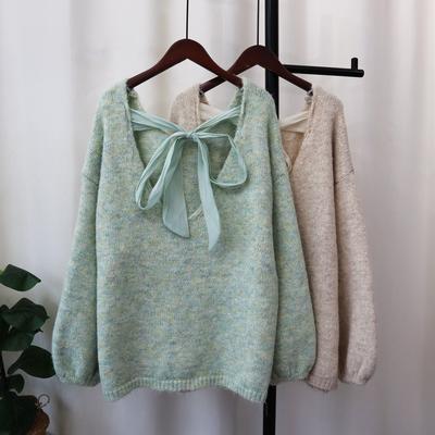 Design Sense Back Bow Tie Lazy Style Loose and Thin Knitted Sweater Top Autumn New Sweater Pullover Woman