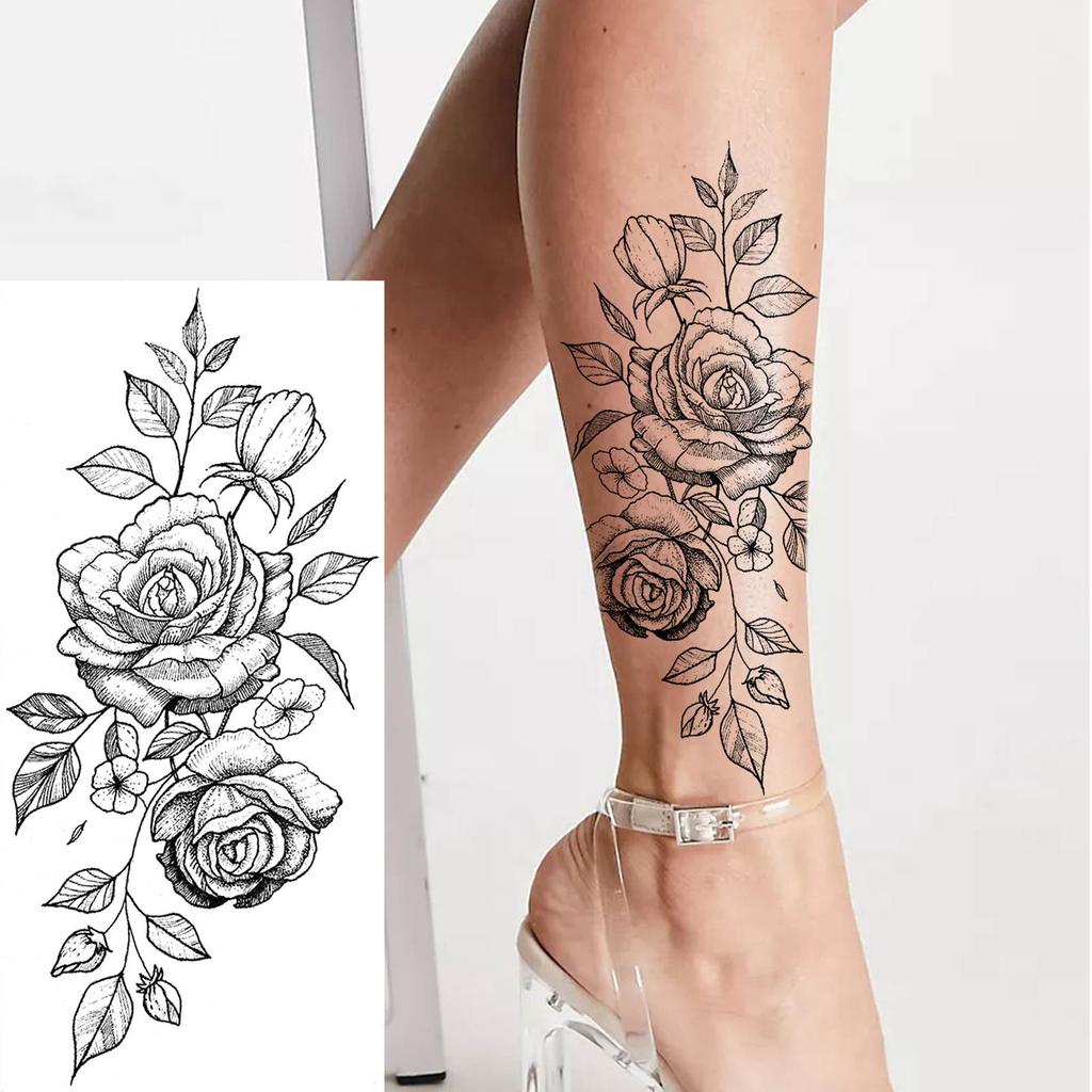 1 Sheet Black Flower Temporary Tattoos For Women Girls Realistic Fake Flora Floral Peony Tattoo Sticker Body Art Painting Decal