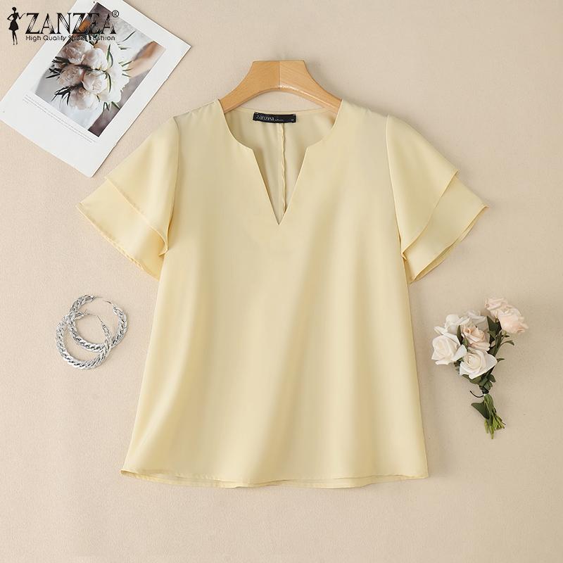 ZANZEA Bluză de vară casual pentru femei cu gât în V, volane și mâneci scurte
