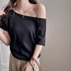 One-shoulder Exposed Off-shoulder Gray Loose Short-sleeved Women's Outerwear High-end Casual Spring Summer Shoulder-falling Top