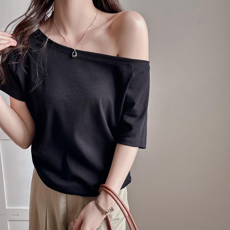 One-shoulder Exposed Off-shoulder Gray Loose Short-sleeved Women's Outerwear High-end Casual Spring Summer Shoulder-falling Top