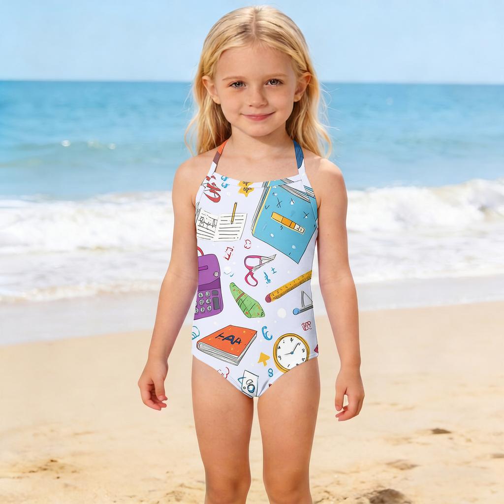 Girls One Piece Swimsuit Kids School Supplies Print Adjustable Straps Summer Beach Swimwear Bathing Suit for Toddlers and Children