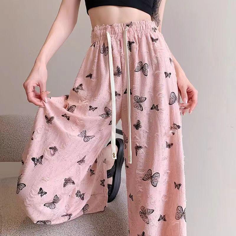Wasteland Style Ripped Butterfly Printed Casual Pants for Women In Summer New Design Draped Straight Wide-leg Pants
