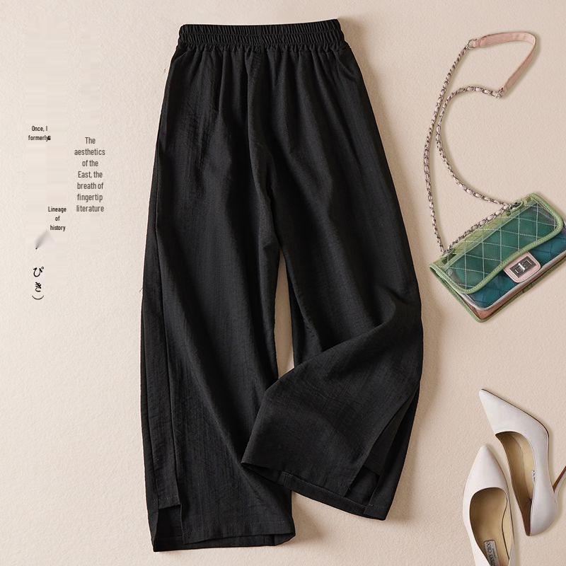 

Women s 2026 Summer Ice Silk Wide-Leg Pants - Retro, Plus Size, Nine-Point Length, Solid Color, Thin and Comfortable. M up to 90 jin чёрный