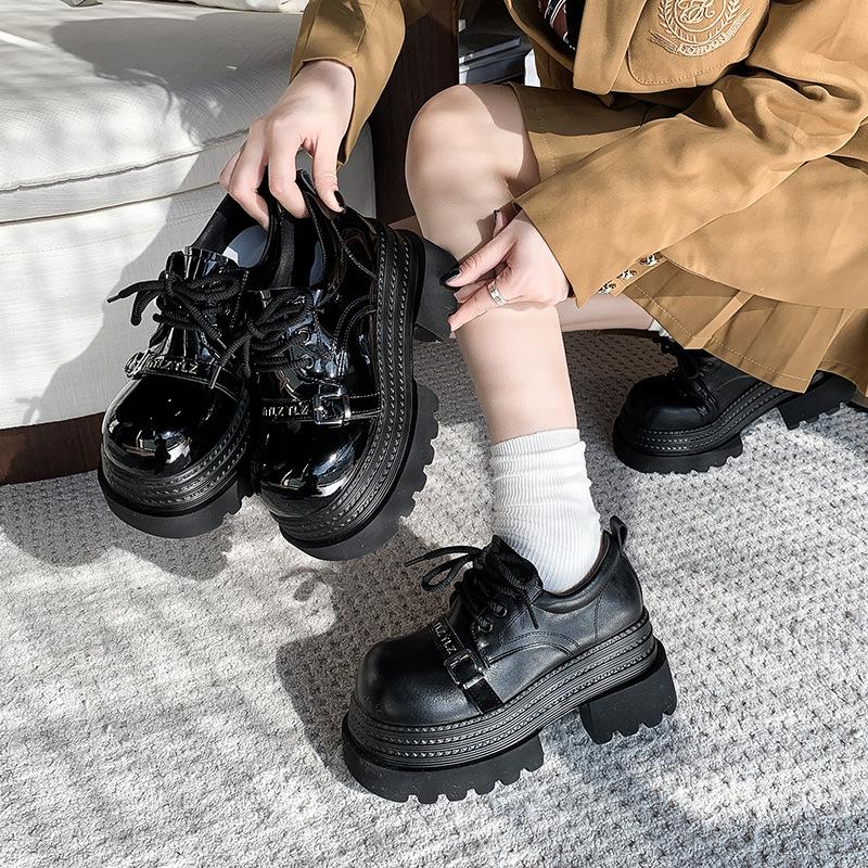 Spring 2025 New Soft Leather Lace-up Platform Heightening Loafers Women's British Style Retro Versatile JK Small Leather Shoes