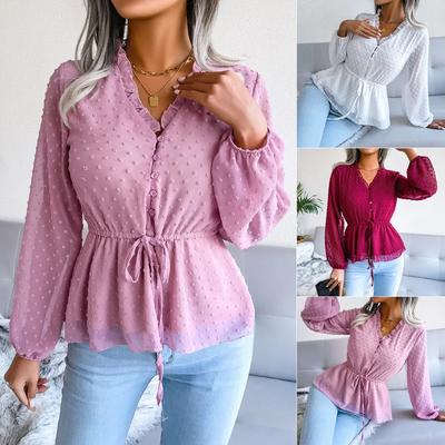 2024 Spring Summer Lantern Long Sleeve Ruffled Lace Waist Polka Dot Chiffon Shirt for Women