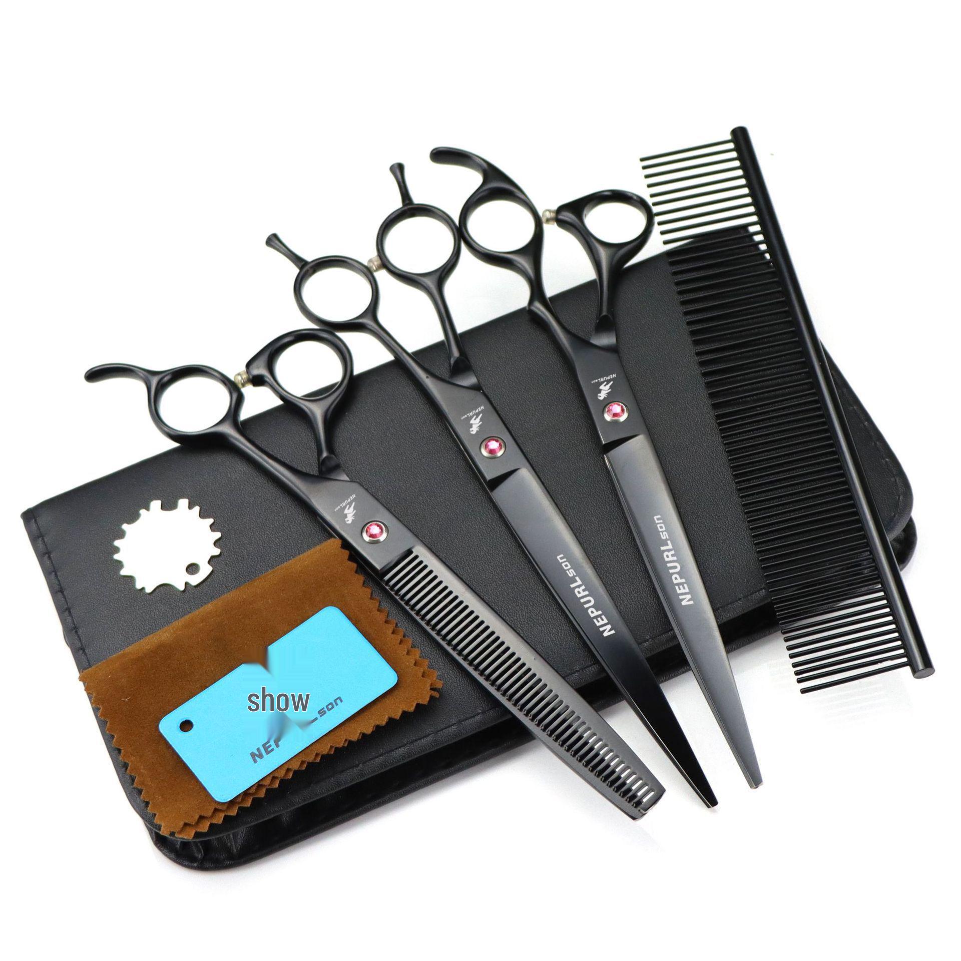 8-Inch Black Baked Paint Pet Grooming Scissors Set: Includes 3 Straight Shears and Comb