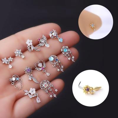 1 kus Módní piercing do nosu ve tvaru L s visacími ozdobami 20G Nerezová ocel Květina Měsíc Střapce Zirkon Nosní šroubovací piercing Zirkon