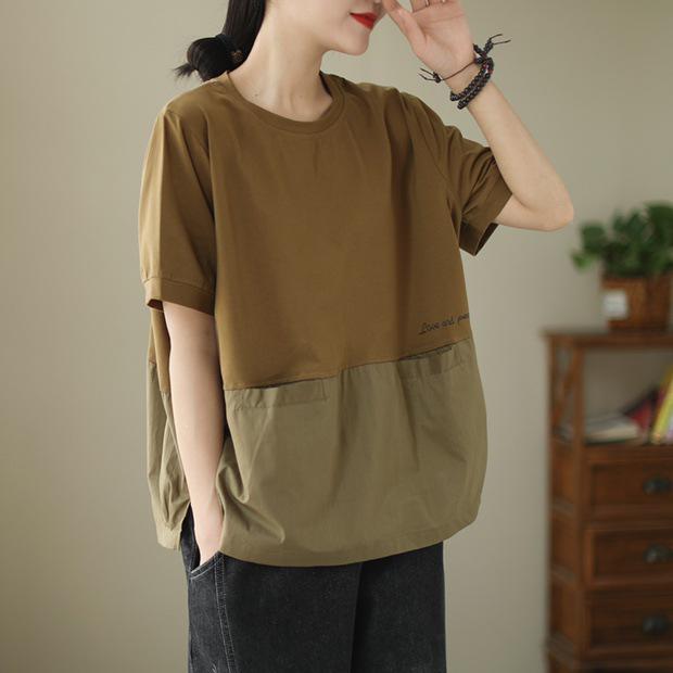 

Женская хлопковая футболка с коротким рукавом - Принт с буквами, Двойной карман, Свободный крой, Летний пуловер, Подчеркивающий фигуру One Size