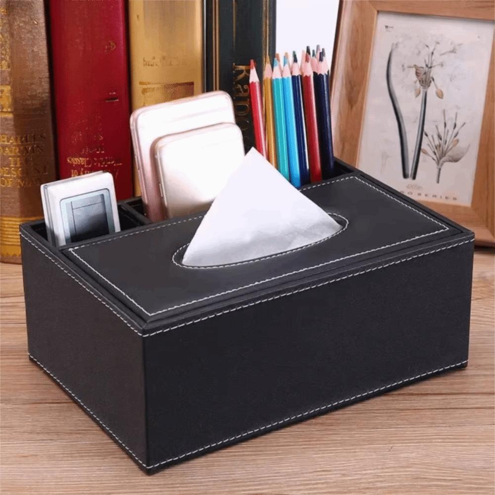 Artificial Leather Multi-functional Tissue Box Anti-moisture 4 Grid Tissue Storage Box Rectangular Tissue Paper Dispenser