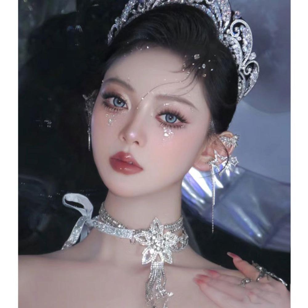 Shiny Rhinestone Flower Necklace Hollow Lace Up Necklace Headband Exaggerated Necklace  Bride