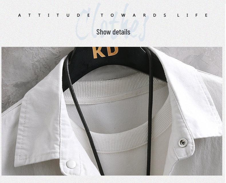 2026 Spring Men's White Denim Long-Sleeved Shirt Jacket with Pockets for Teens