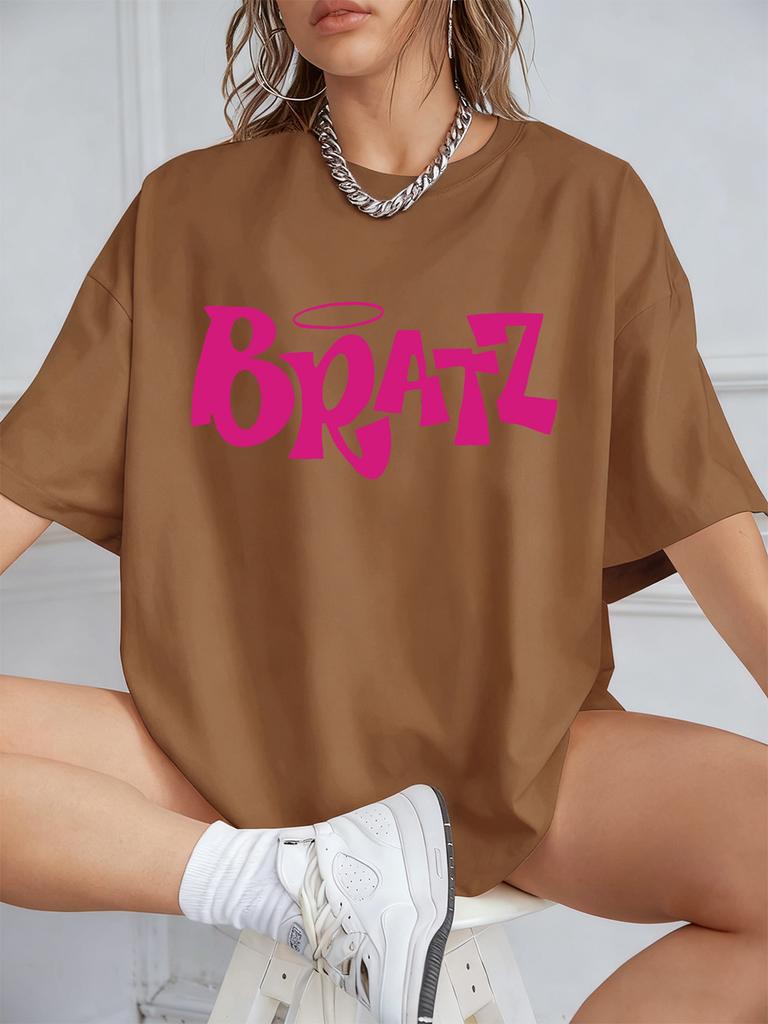Y2K Pink Bratz Letter Prints Short Sleeve T-Shirts Womens Summer Cotton Tee Shirts Loose O-Neck Comfortable Tops Street Clothes
