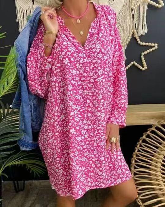 Women s new loose printing long-sleeved floral dress European and American cross-border V-neck temperament skirt S