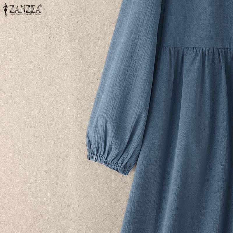 ZANZEA Women Casual Round Neck Solid Color Loose Long Sleeve Long Dress
