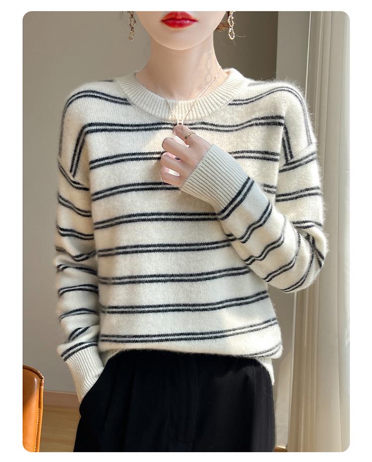 2024 Autumn/Winter Pure Wool Striped Round Neck Sweater - Relaxed, Versatile Fashion for Commuting