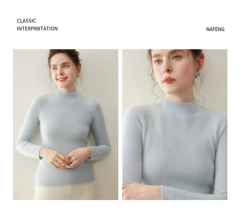 Classic Women's Cashmere Knit Pullover: Striped Half-High Collar, Solid Color, Autumn/Winter Commute Sweater