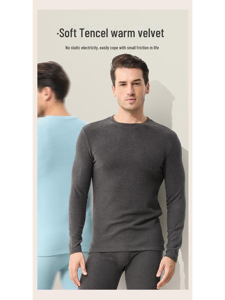 Men's Double-Sided Fleece Thermal Underwear Set – Soft, Warm, Thick Solid Color Round Neck for Autumn and Winter