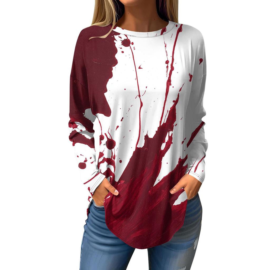 Damenmode Lockerer Rundhals Halloween-Druck Langarm T-Shirt Top Pullover