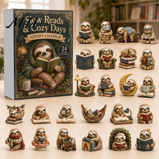 Cute Sloth Pendant Set Advent Calendar, 24Pcs Acrylic 2D Ornament Holiday Collectibles with Vintage Warm-Tone Designs, Christmas Tree Hanging