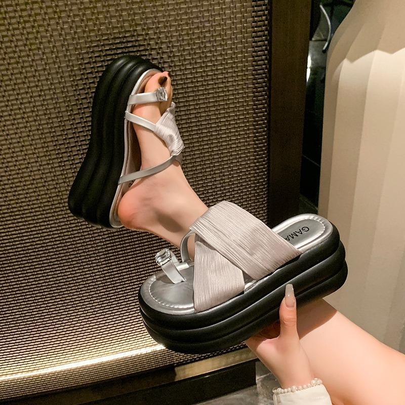 Fashion Women Bling Chunky Slippers Summer Ladies Beach Flip-Flops Wedges Heels Outside Sandals Woman High Platform Leather Shoes 7CM