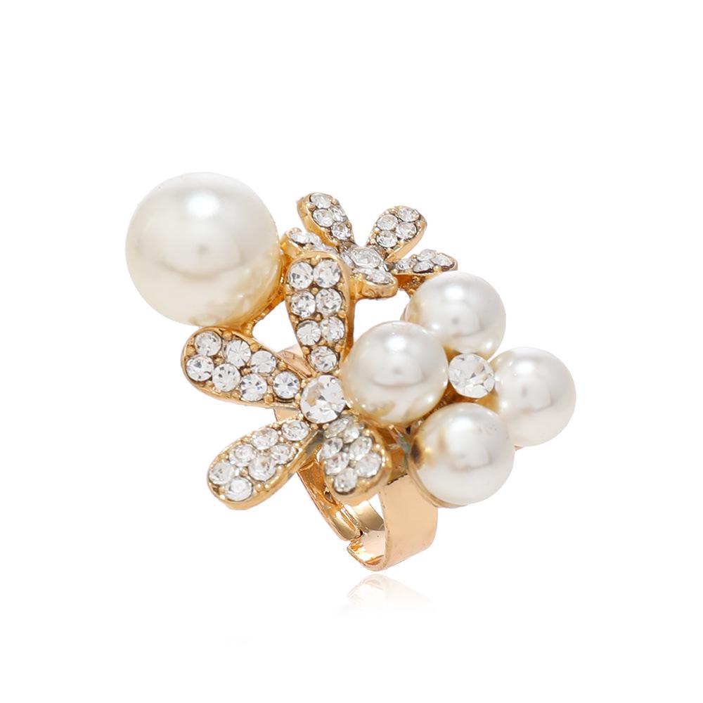 French Retro Pearl Rhinestone Irregular Flower Star Geometric Ring