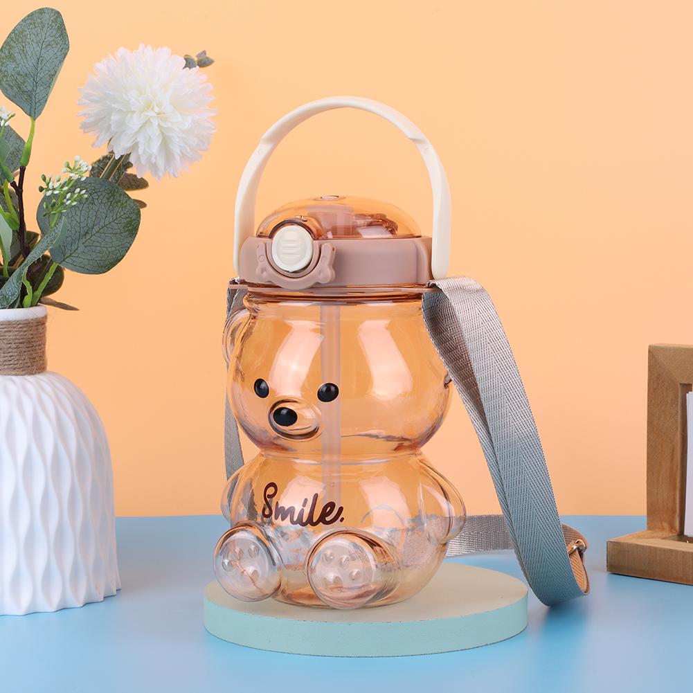 1000/1400ml Bear Water Bottle with Shoulder Strap Cute Bear Drinking Bottle Leak-Proof Travel Straw Cup for Boys Girls Daily Use