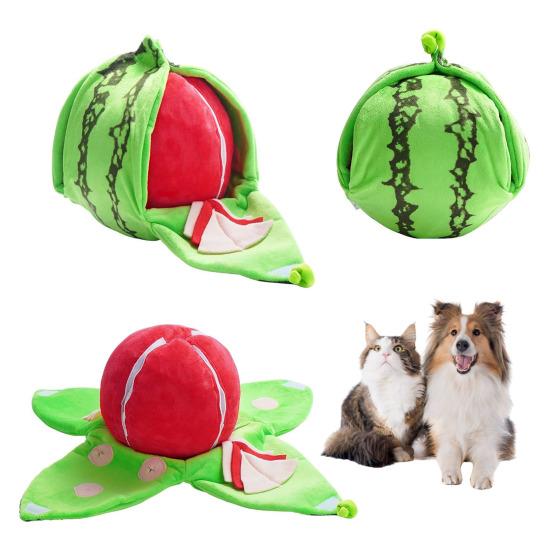 Edukacyjna interaktywna zabawka dla psa Arbuzowa pluszowa zabawka-ukryj i szukaj z piszczałką i dźwiękami szeleszczenia Małe i średnie psy Trening IQ Zabawka do gryzienia
