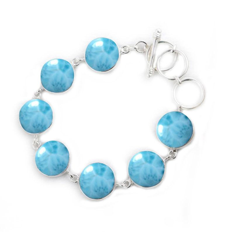 Natural Larimar Round Gemstone 925 Sterling Silver tennis Bracelet Handmade Designer Engagement Gift Wedding Gift Boho Jewelry