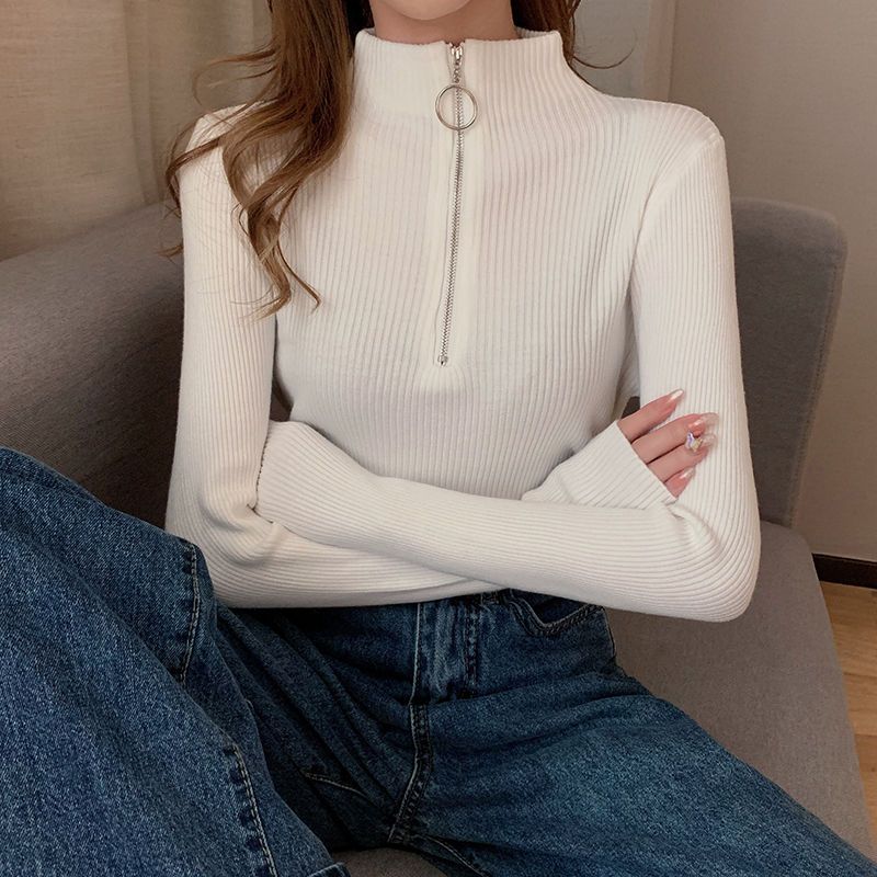 Stylová košile s polovysokým výstřihem a zipem na spodním dílu, slim střih a zeštíhlující top, dámský spodní outfit, temperamentní, podzimní a zimní pletený svetr