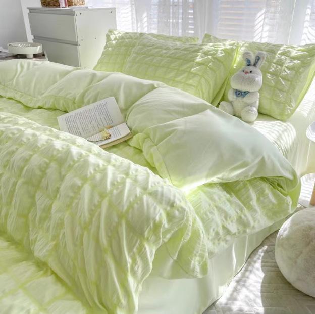 Girls Bubble Gauze Bedding Set Summer Cooling Soft Comforter Cover Kit Solid Color Skin Friendly Sleeping Naked Bedclothes