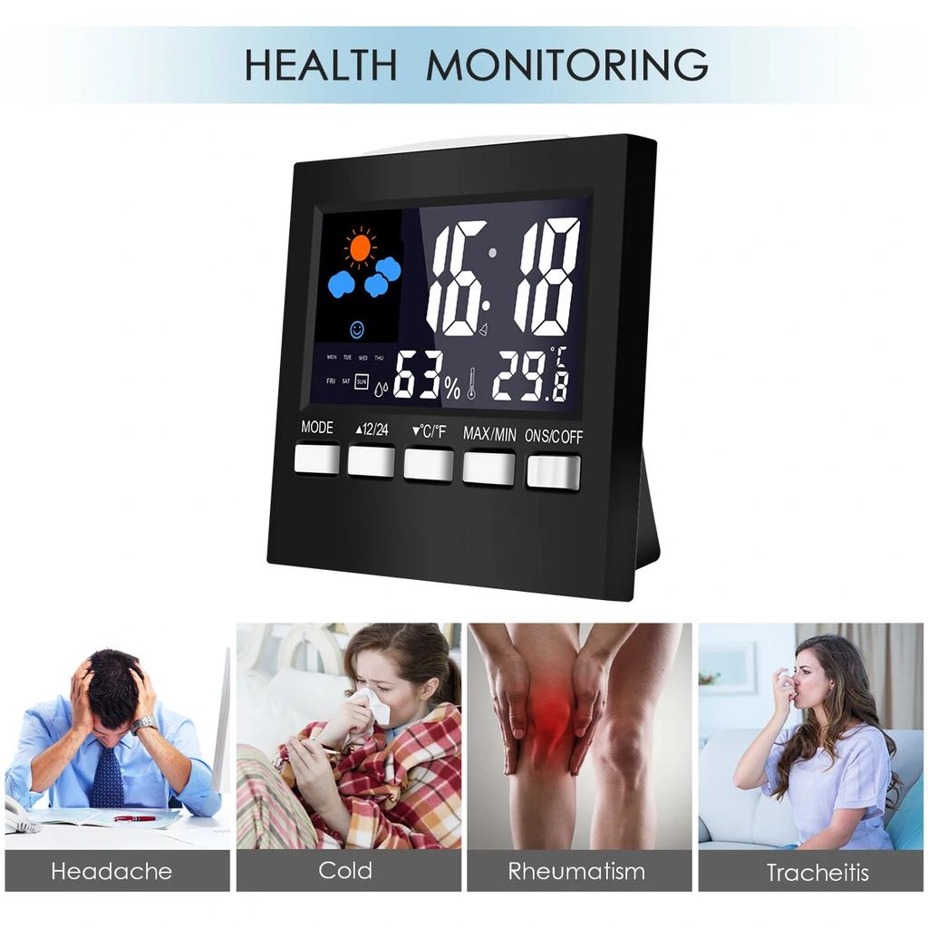 Digital Alarm Clocks LCD Temperature Humidity Weather Station Display Table Clock