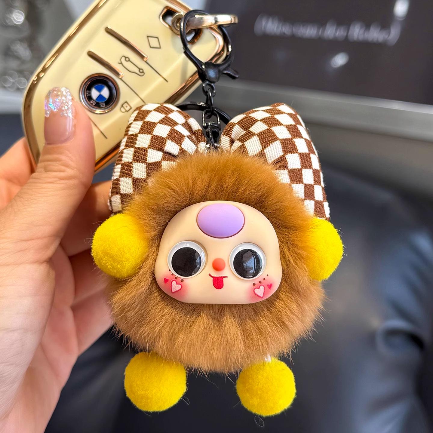 

Customized Bow-knot Briquettes Car Keychain Pendant Imitation Rex Rabbit Fur Exquisite Doll Cartoon School Bag Pendant