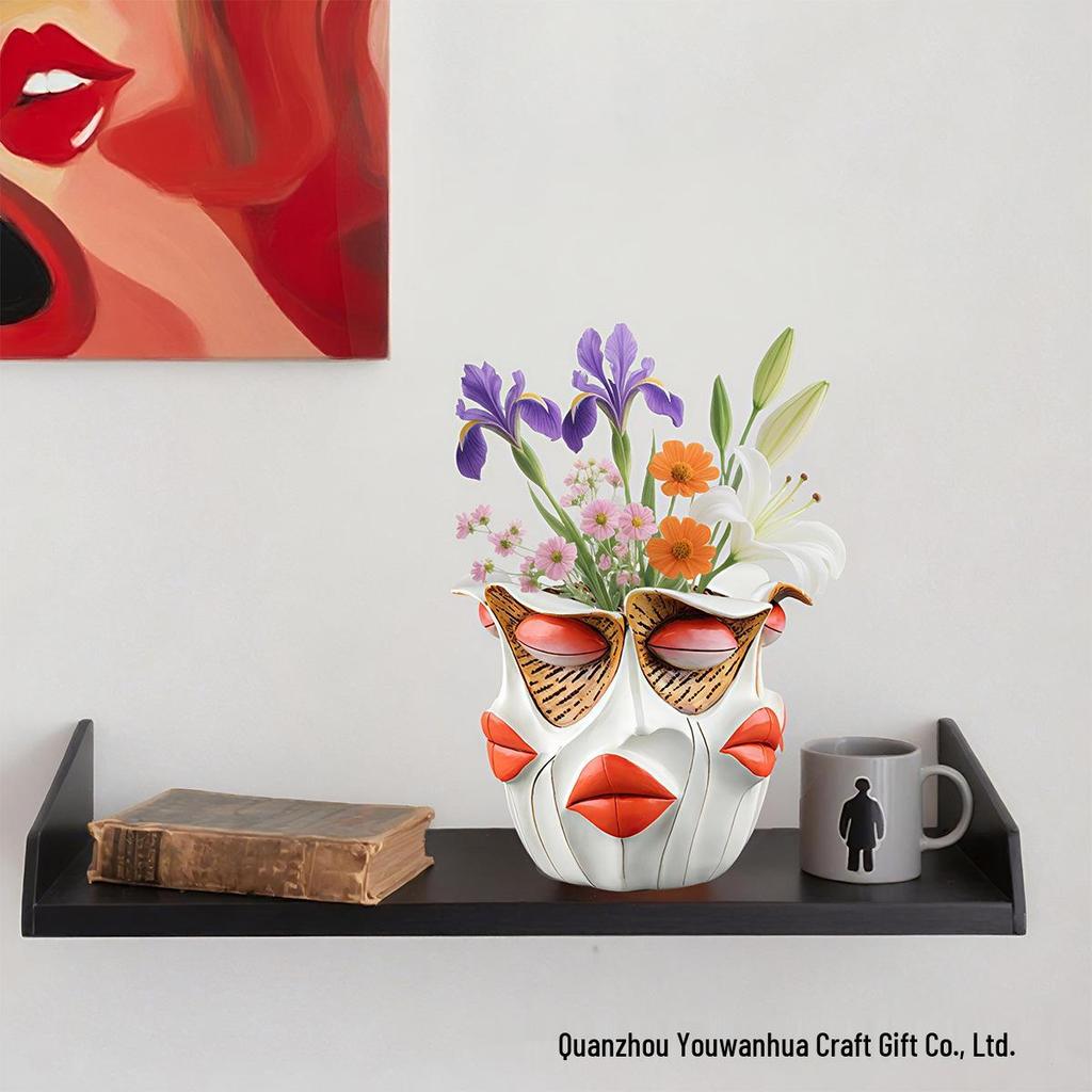 Abstract Red Lips Face Flower Pot: Resin Ornament for Courtyard, Balcony, or Garden Bonsai.
