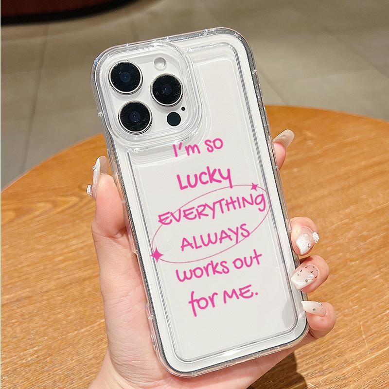 

Simple Pink Lucky English Transparent Phone Case For iPhone 17 Pro Max 14 15 16 Plus 13 12 11 Pro XR XS Max 7 8 17Air 16E Cover iPhone 11 Pro Max