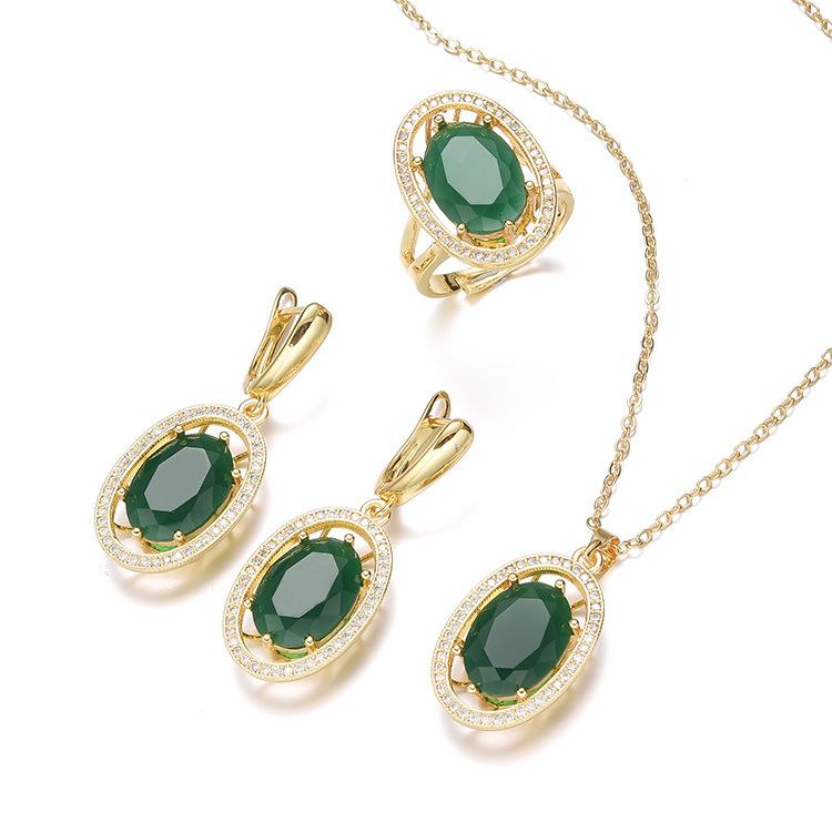 Retro Fashion Atmospheric Gem Necklace Earrings Set Jewelry Four-Piece Set