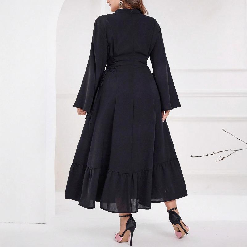 Plus Size Long Sleeve V Neck Waist Cinched Elegant Women A Line Jacquard Dress