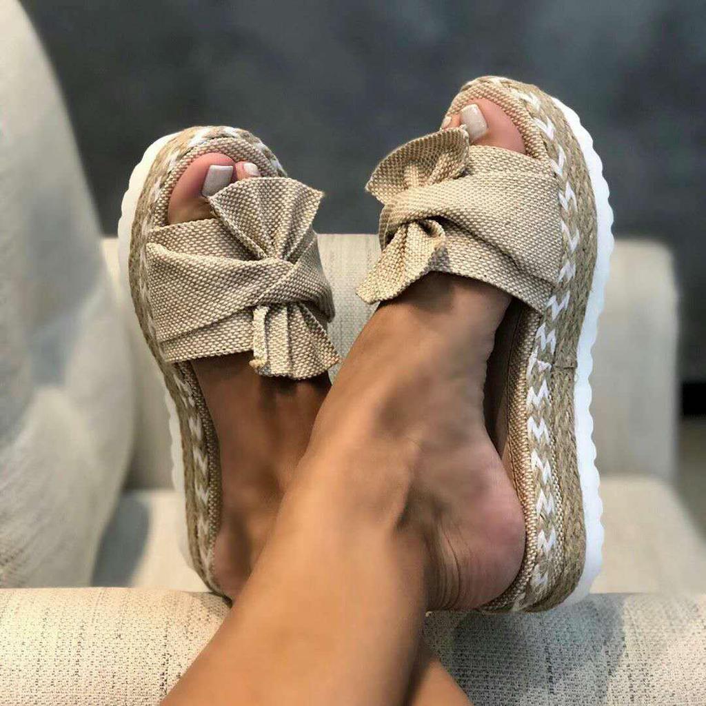 2025 Summer Women's Bow Beach Wedge Sandals - European/American Style, Thick Sole, Hemp Rope, Large Size