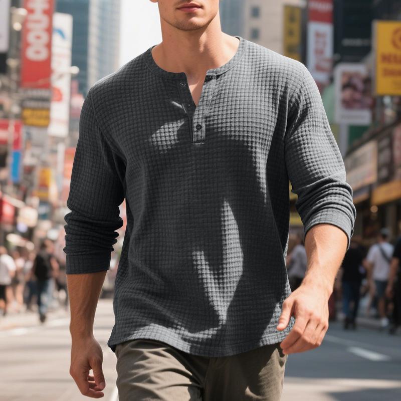 Men's Jacquard Small Square Buckle Henley Long Sleeve Retro Base T-shirt