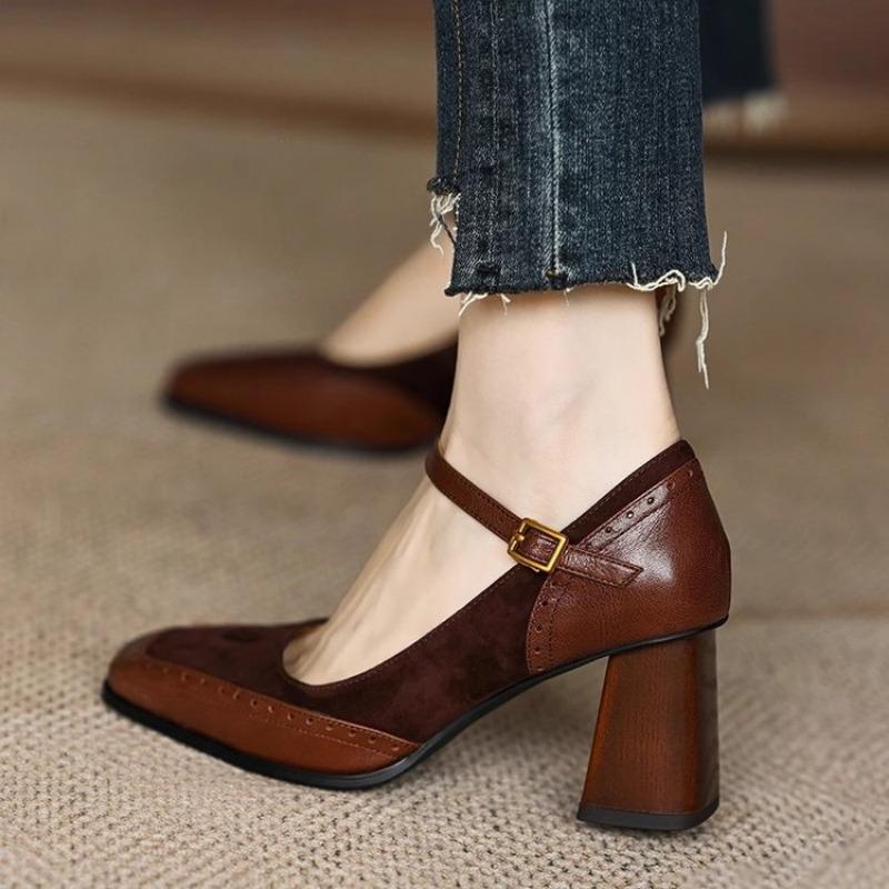 2026 Fashion French Vintage Women's Square Toe Chunky Heel Shoes Thick Sole Buckle Slip-On Pumps Beltt Buckle Heels Sandals