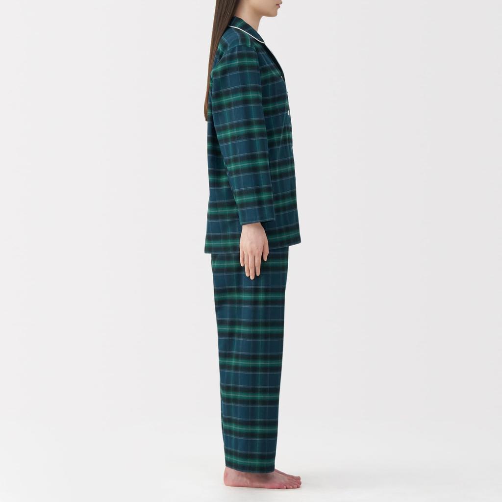 MUJI Seamless Flannel Long Sleeve Dark Green Size Size Small Women's Pajamas, Check, FD1LYA5A, Women's