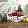 Vintage Red Truck Christmas Tree Round Wooden Hanging Sign, 2D Printed Xmas Front Door Wall Ornament