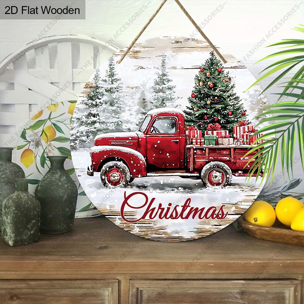 Vintage Red Truck Christmas Tree Round Wooden Hanging Sign, 2D Printed Xmas Front Door Wall Ornament