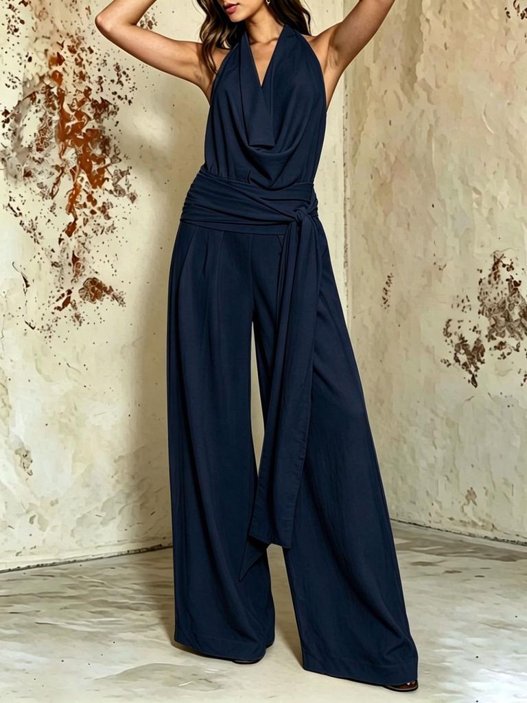 Combinaison à col halter pour femme Pantalon large Couleur unie Décontracté Sans manches Dos nu Romper Élégant Blanc