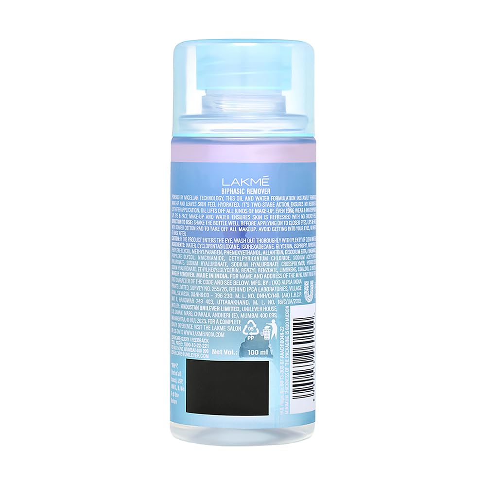 LAKMÉ Biphasic Micellar Face Cleansing Water 100ml | Removes Waterproof Makeup | Oil and Water Formula